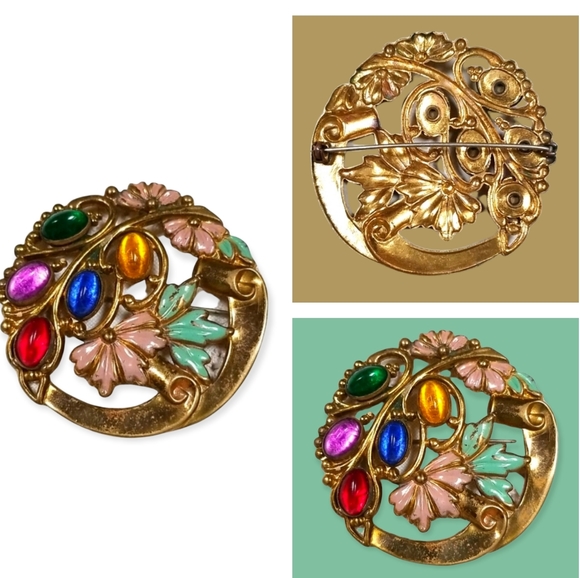 Vintage 1920s Art Deco Enamel Flower Rhinestone Brooch